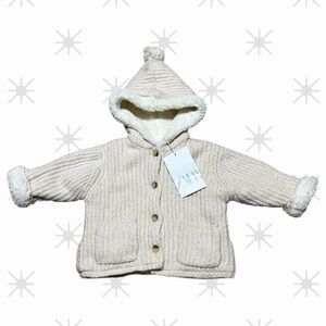 NEW! ADORABLE Zara Baby Hooded Knit Soft Cardigan Jacket Sherpa Lined Beige Cozy